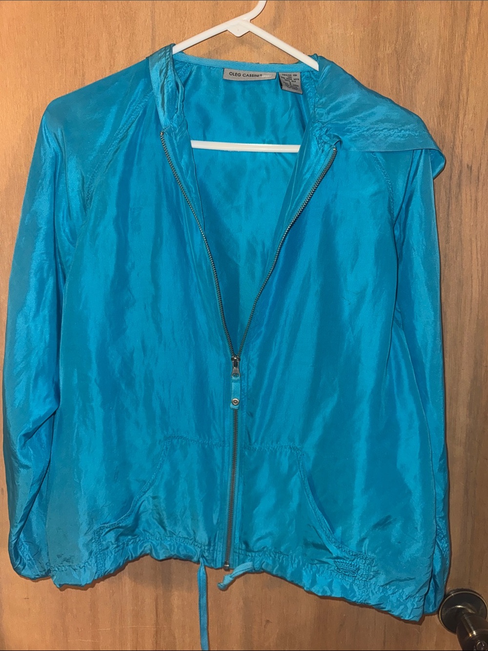 Vintage Oleg Cassini %100 Silk Bright Teal Zip-Up Hooded Jacket Small